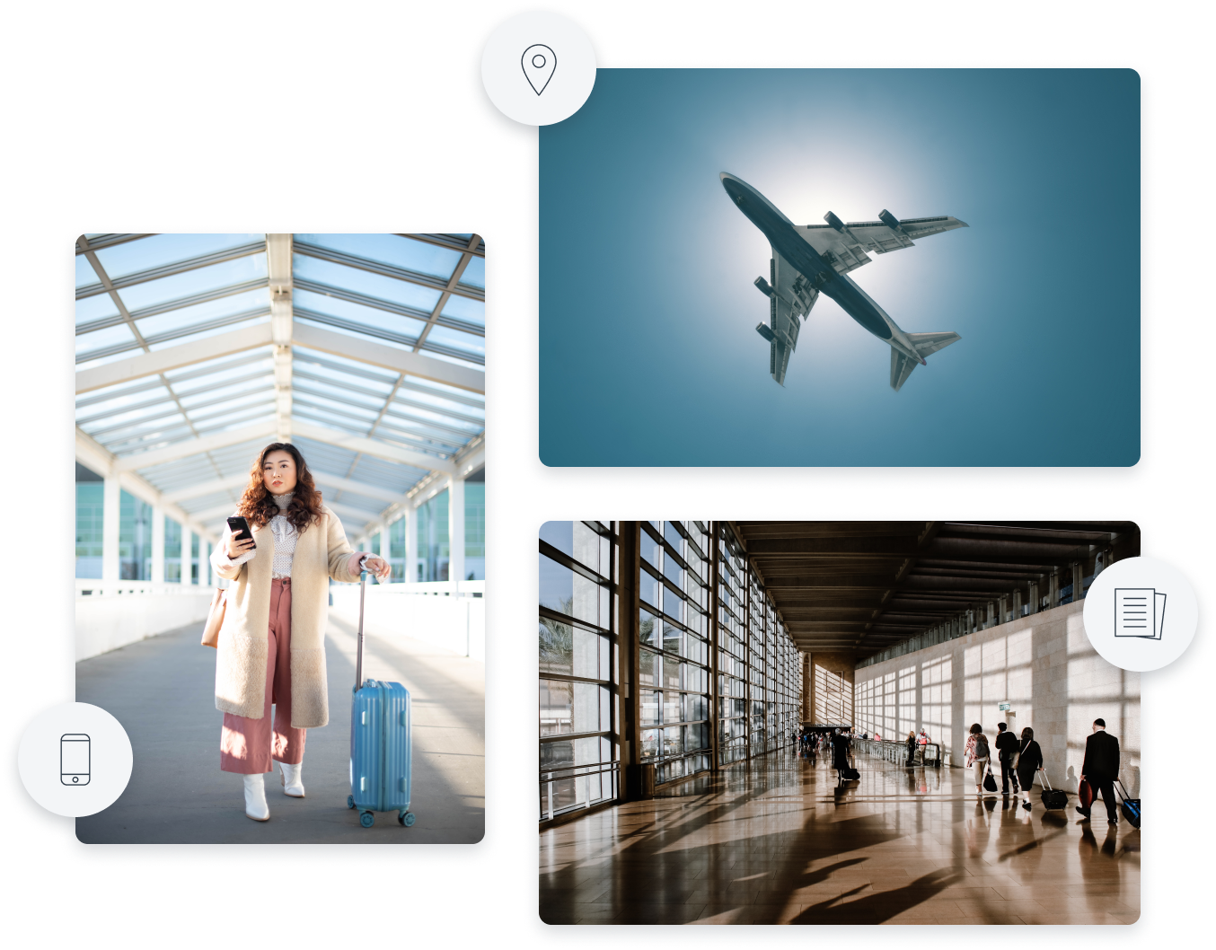 Photos of airport, airplane, and woman with suitcase